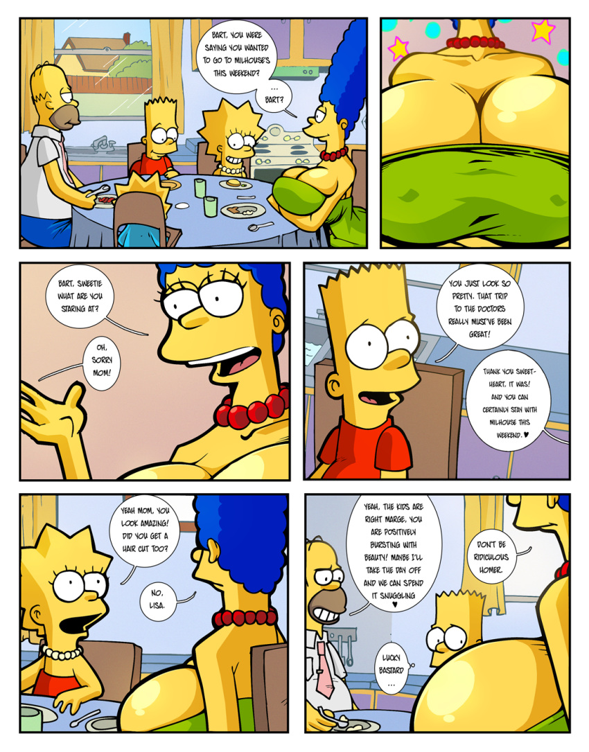 bart_simpson big_breasts blue_hair boob_squeeze breasts cartoon_milf comic fan_comic group_sex hair hexamous huge_breasts lactation marge_simpson mother's_duty mother_&amp;_son nsfw open_mouth porn professor_frink simpsincest speech_bubble teeth text the_simpsons whoa_look_at_those_magumbos yellow_skin