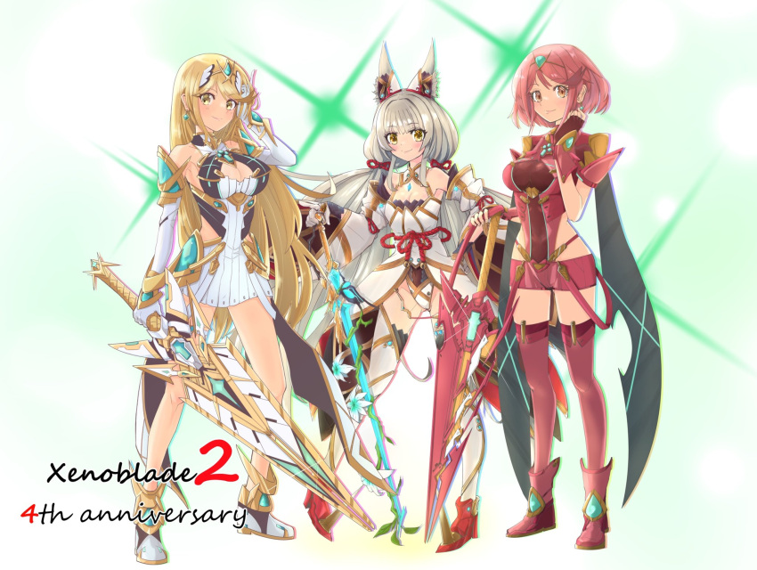 3girls aegis_sword_(xenoblade) alluring animal_ears bare_legs bare_shoulders big_breasts black_gloves blonde_hair catalyst_scimitar chest_jewel cleavage cleavage_cutout clothing_cutout detached_sleeves dress earrings elbow_gloves facial_mark fingerless_gloves gloves high_res highleg highleg_leotard jewelry leotard long_hair low_twintails medium_breasts mythra_(xenoblade) nia nia_(blade)_(xenoblade) nia_(xenoblade) nintendo pyra_(xenoblade) red_eyes red_hair red_legwear red_shorts short_dress short_hair short_shorts shorts silver_hair sofusan1526 stockings swept_bangs sword thigh_strap tiara twin_tails very_long_hair weapon white_dress white_footwear white_gloves xenoblade_(series) xenoblade_chronicles_2 yellow_eyes