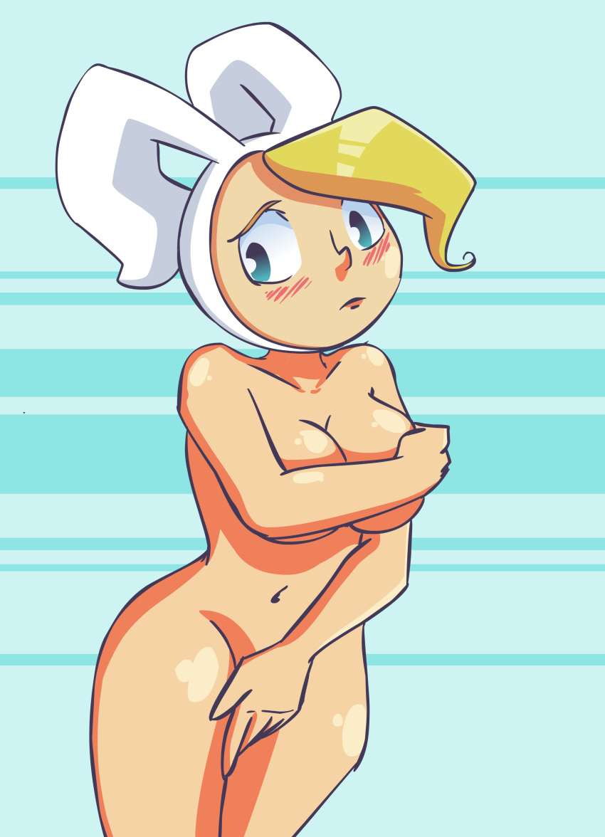 adventure_time animal_ears blonde_hair blue_eyes blush breasts bunny_ears cleavage cover_up covering_breasts covering_crotch embarrassing fionna_the_human nude shiny shiny_skin shy solo
