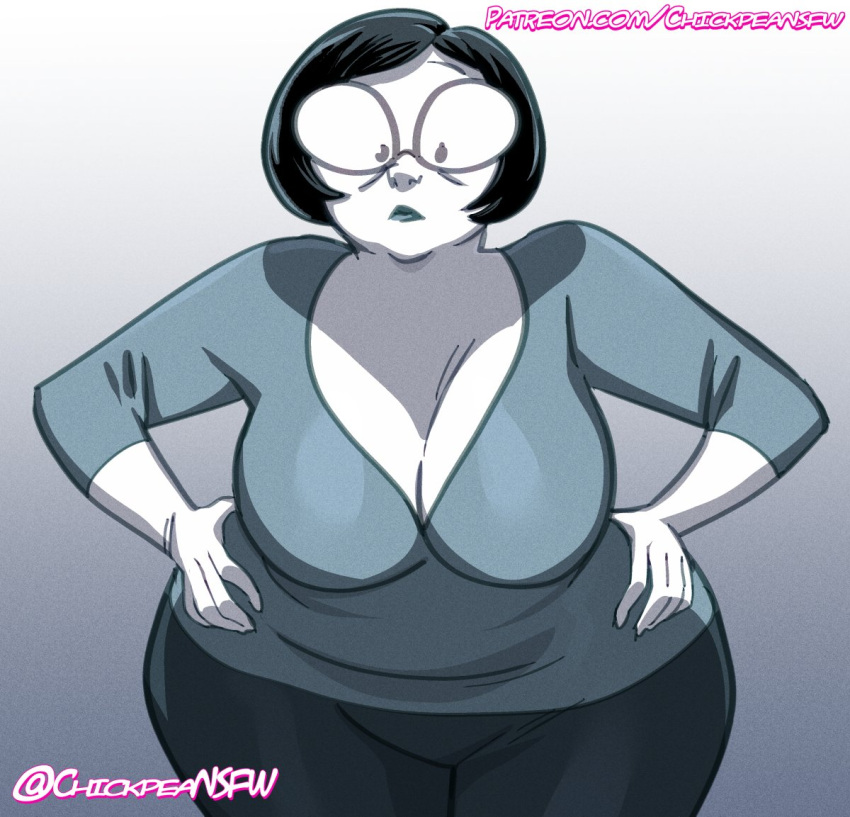 1girl 2023 anya's_ghost bbw big_breasts chickpea clothed female_only glasses gradient_background grey_background grey_theme hands_on_hips huge_breasts looking_at_viewer milf mrs._borzakovskaya sfw short_hair simple_background