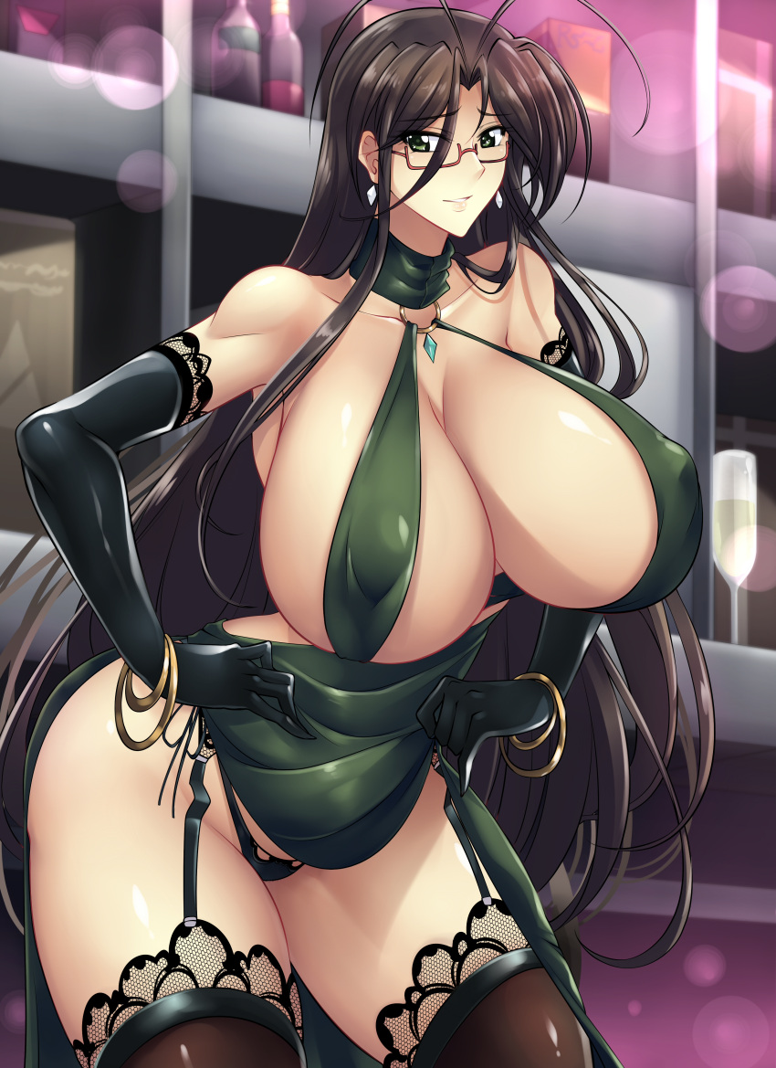 1girl big_breasts black_hair bracelet curvaceous curves curvy curvy_female curvy_figure feet_out_of_frame glasses green_eyes haganef hasegawa_chisato high_resolution huge_breasts human long_hair looking_at_viewer mature mature_female mature_woman shinmai_maou_no_testament standing stockings thick_thighs