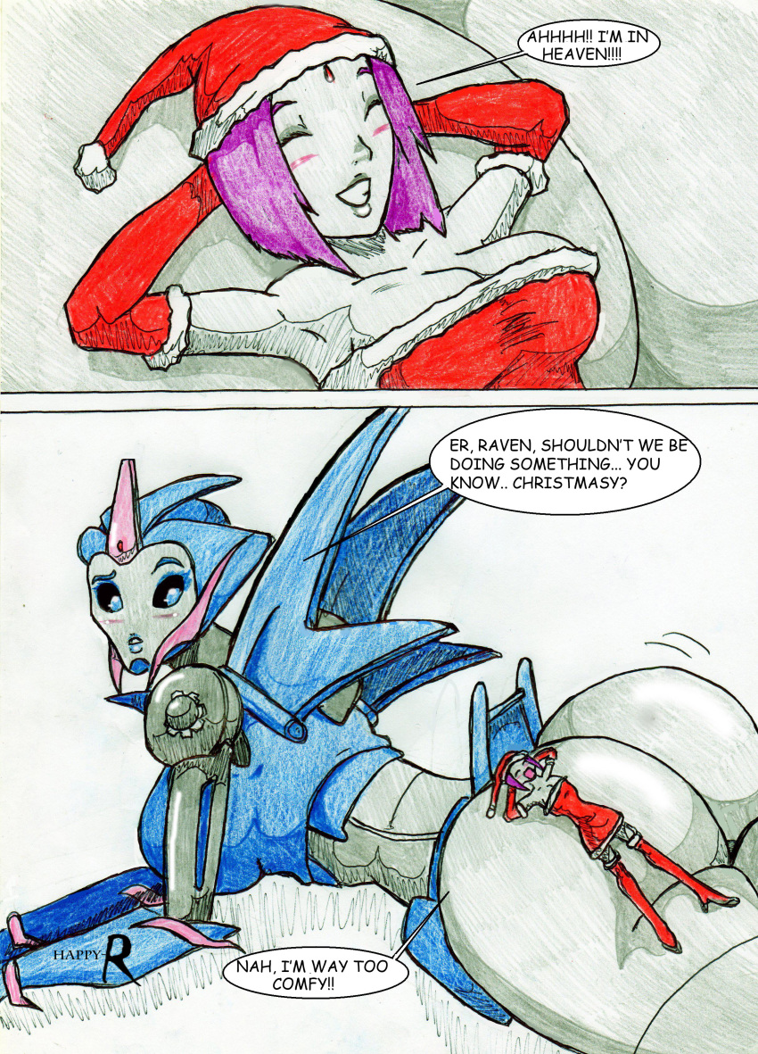 arcee ass blue_eyes boots christmas christmas_outfit closed_eyes comic dc_comics funny gloves goth grey_skin looking_back looking_down purple_hair raven_(dc) robot santa_costume santa_hat short_hair teen_titans transformers transformers_prime