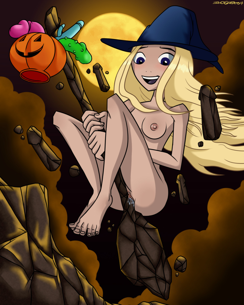 1girl blonde blonde_hair blue_eyes breasts dc_comics dildo dildo_in_vagina female female_only hat incogneato long_blonde_hair long_hair looking_at_viewer naked_hat nude pussy solo teen_titans terra vaginal vaginal_insertion witch_hat