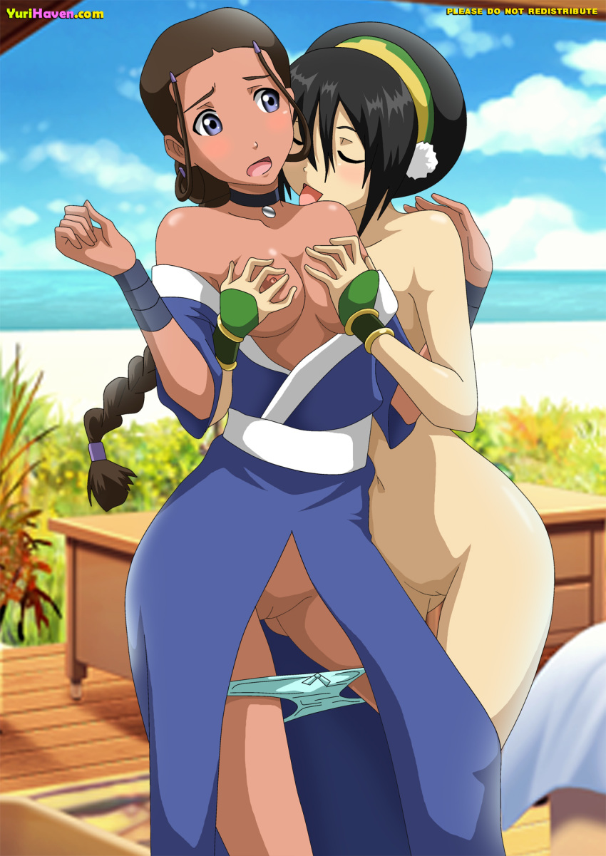 2_girls 2girls avatar:_the_last_airbender blush breast_grab breasts clothed_female_nude_female dark_skin female/female female_only katara nipples panties panties_around_legs toph_bei_fong yuri yuri_haven