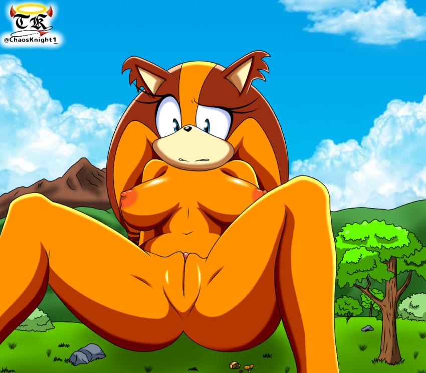 1girl 1girl anthro badger blue_eyes blue_sky breasts chaosknight_1 clitoris cloud detailed_background eyelashes frustrated fur furry giantess grass macro mammal mountain mustelid musteline nipples nude orange_fur outside pussy rock sega sitting sky sonic_boom sonic_the_hedgehog_(series) spread_legs spreading sticks_the_jungle_badger tree