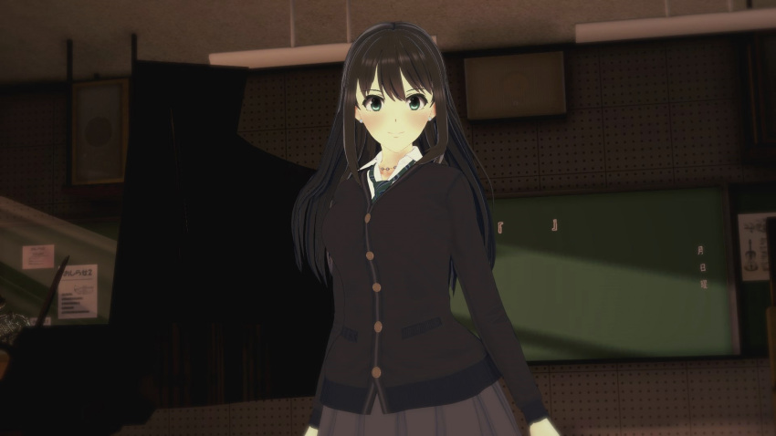 1girl anime before_sex blush brown_hair classroom closed_mouth clothed earrings female_focus green_eyes happy hentai idolmaster indoors light-skinned light-skinned_female light_skin long_hair looking_at_viewer open_eyes shibuya_rin skirt smile solo_focus teen