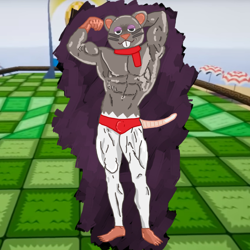 bulge crystalqueen flexing male male_focus male_only manly morris_the_rat muscle muscular muscular_male penis_under_clothes rat rolled_out scarf speedo whiskers