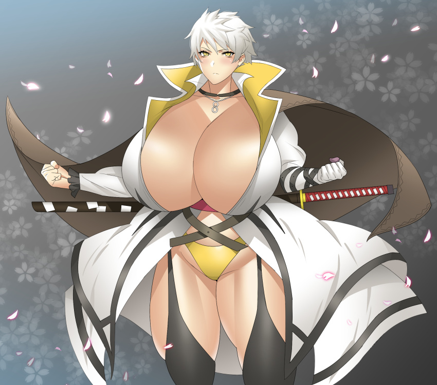gigantic_breasts miyabi_(senran_kagura) nata senran_kagura white_hair yellow_eyes