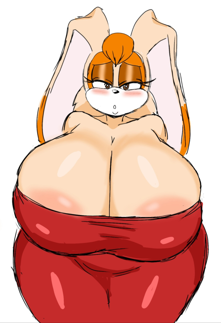 1girl adult anthro areola areola_slip bare_shoulders big_breasts black_nose blush breasts brown_eyes cleavage clothed clothing dipstick_ears dress eyelashes facial_tuft floppy_ears fur furry gigantic_breasts hair half-closed_eyes huge_breasts lagomorph leporid long_ears mammal mature_anthro mature_female milf mommy monhuter10 multicolored_ears multicolored_face multicolored_skin orange_hair orange_skin portrait rabbit red_clothing red_dress sega sexy sexy_body sexy_breasts short_hair shoulderless_dress simple_background sonic_the_hedgehog_(series) tan_body tan_fur tan_skin thick_thighs thighs three-quarter_portrait tuft two_tone_ears vanilla_the_rabbit white_background white_skin
