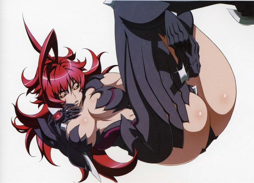 1girl absurdres amaha_masane antenna_hair armor ass bangs bikini_armor black_sclera blade body_blush boots breasts breasts_apart center_opening claws cleavage facial_mark gem glint glowing gonzo hair hand_on_own_chest high_heels high_res highres horny kissylips large_breasts legs_crossed legs_up leotard long_hair looking_at_viewer lying makoto_uno masane_amaha midriff milf navel official_art on_back one-piece_thong orange_eyes red_hair scan scan_artifacts shoes simple_background sitting soles solo thigh_boots thighhighs uno_makoto very_long_hair wavy_hair weapon white_background witchblade