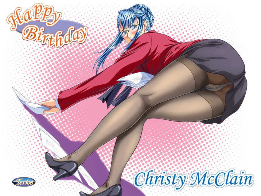 1280x960 1girl anime ass bent_over big_ass black_shoes blouse blue_eyes blue_hair blush bound_hair breasts character_name christy_mcclain dutch_angle earring elysion_(game) elysion_~eien_no_sanctuary~ female female_teacher from_behind from_down glasses hair_bun hair_up happy_birthday high_heels jacket long_hair looking_back miniskirt office_girl office_lady open_mouth outfit panties panties_under_pantyhose pantyhose pantyshot paper pencil_skirt red_jacket shawl shoes short_skirt sideboob skirt skirt_suit solo stockings suit surprise teacher teacher_outfit terios thighband_pantyhose underwear upskirt wallpaper white_panties woman yokota_mamoru