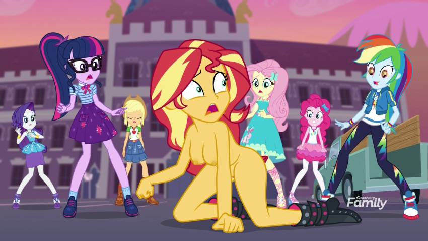 7girls all_fours applejack applejack_(mlp) bespectacled boots breasts clothed_female_nude_female dress equestria_girls female fluttershy fluttershy_(mlp) forgotten_friendship friendship_is_magic glasses multiple_girls my_little_pony naked_boots older older_female on_all_fours open_mouth outdoor outside pinkie_pie pinkie_pie_(mlp) rainbow_dash rainbow_dash_(mlp) rarity rarity_(mlp) skirt sunset_shimmer sunset_shimmer_(eg) twilight_sparkle twilight_sparkle_(mlp) young_adult young_adult_female young_adult_woman
