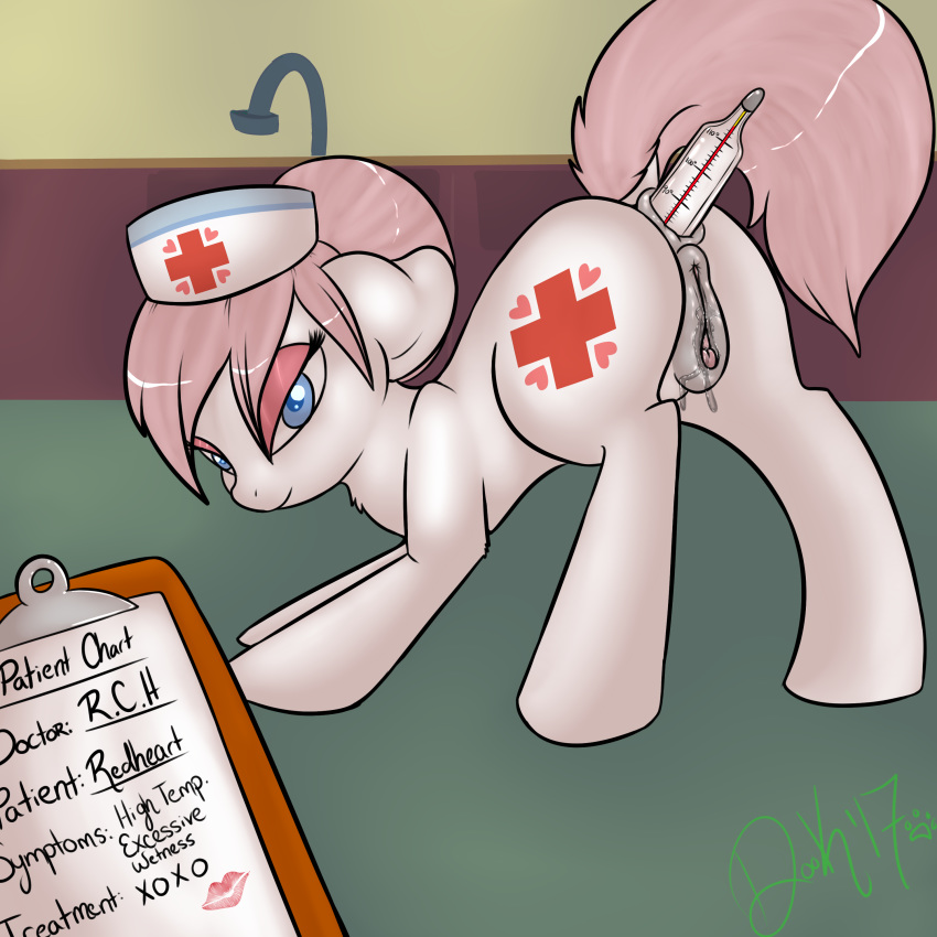1girl 2017 anal anal_insertion anal_object_insertion anus ass ass_up clipboard cutie_mark earth_pony female female_only friendship_is_magic indoors insertion looking_at_viewer my_little_pony nude nurse nurse_cap nurse_redheart nurse_redheart_(mlp) object_insertion pony presenting_hindquarters pussy rectal_thermometer solo standing tail thermometer toodledipsy