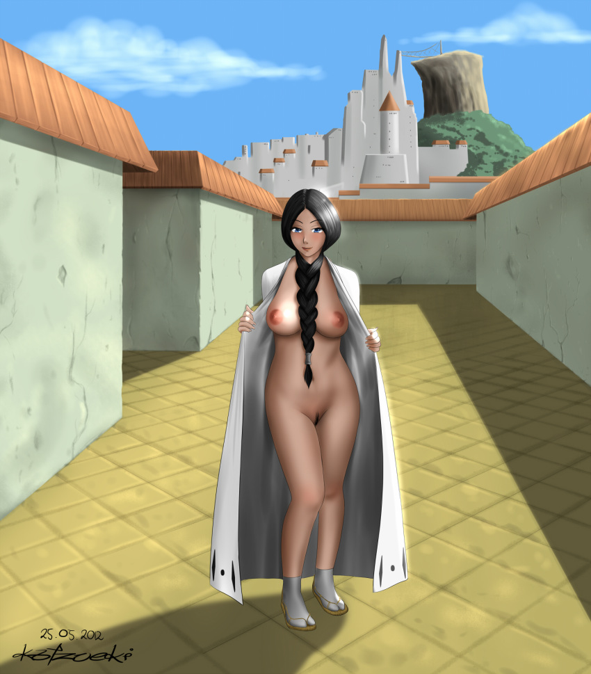 1girl 2012 artist_name black_hair bleach blue_eyes blush braid breasts dated exhibitionist female flashing front_braid invitation japanese_clothes katzueki large_breasts long_hair looking_at_viewer nipples nude open_clothes outdoors presenting pubic_hair retsu_unohana signature single_braid solo standing tabi unohana_retsu
