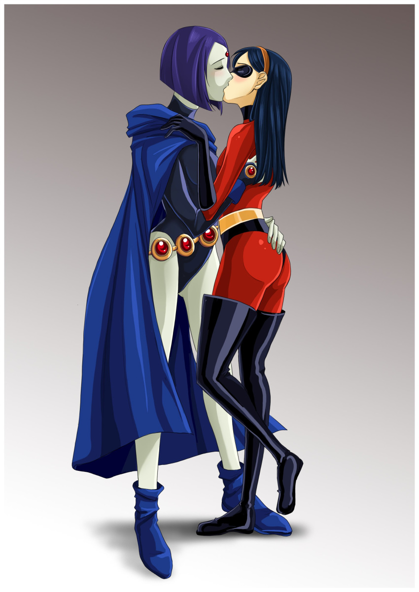 2_girls age_difference ass blush crossover dc_comics disney female female/female female_only hand_on_ass hugging kissing non-nude pixar raven_(dc) teen teen_titans the_incredibles violet_parr young_adult yuri