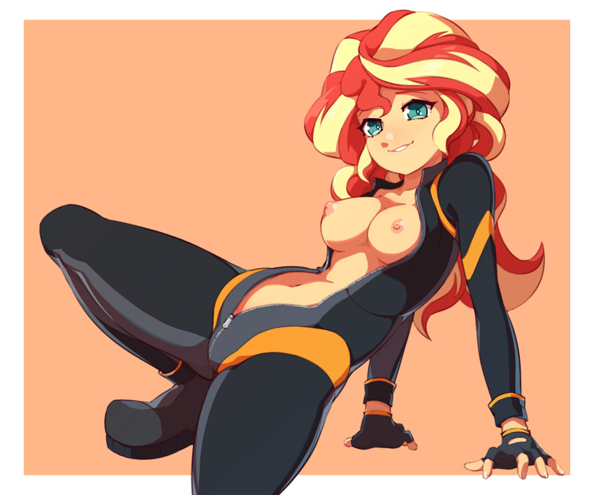1girl breasts equestria_girls exposed_breasts female female_only fingerless_gloves friendship_is_magic jumpsuit long_hair looking_at_viewer my_little_pony no_bra partially_clothed rockset solo sunset_shimmer sunset_shimmer_(eg) two-tone_hair unzipped