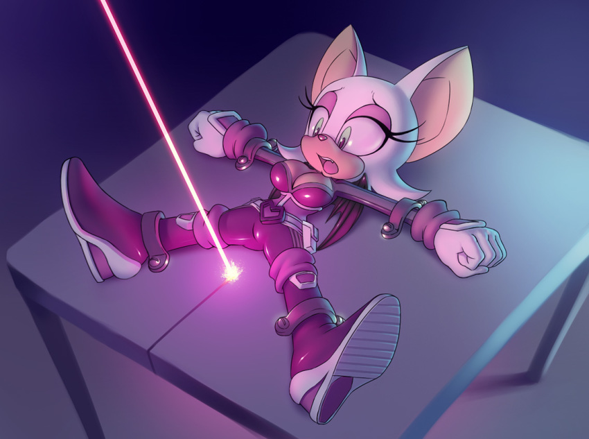 1_female 1girl afraid anthro bat boots breasts female female_anthro female_only gloves goldfinger green_eyes laser latex lying nitro open_mouth parody peril plain_background purple_clothes rouge_the_bat sega sif sif_(artist) solo solo_female sonic sonic_the_hedgehog_(series) table tied_down trapped white_fur