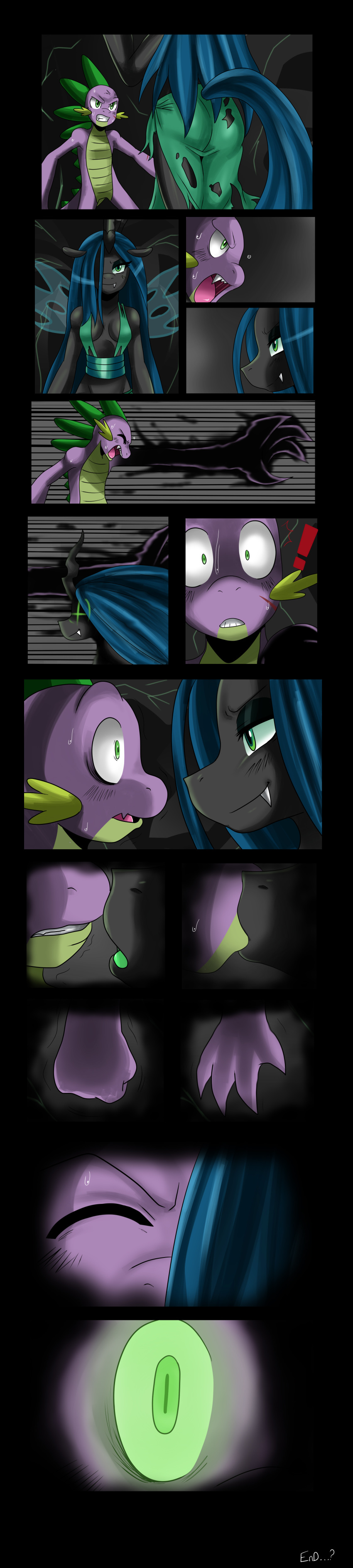 2012 ass blue_hair breasts cave changeling cleavage cloth clothing comic dragon english_text fangs female friendship_is_magic green_eyes hair horn hypnosis kissing long_hair looking_at_viewer mind_control my_little_pony queen_chrysalis spike sssonic2 text