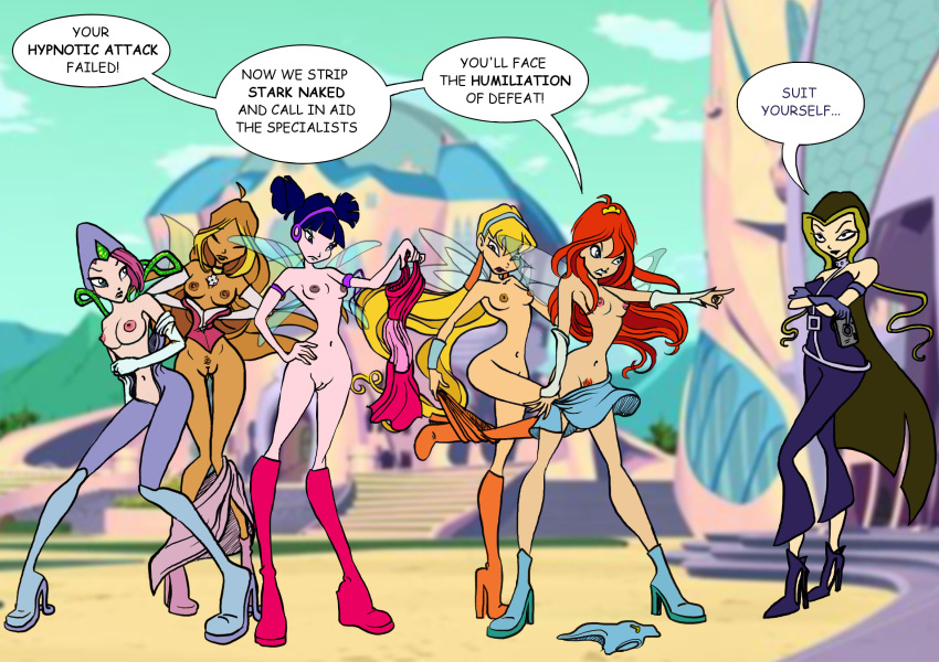 angry bloom boots bracelet breasts brown_hair darcy flora funny gloves hair long_hair multicolored_hair musa nipples nude orange_hair pink_hair ponytail pubic_hair purple_hair pussy stella tecna twin_tails undressing winx_club wonderelagon