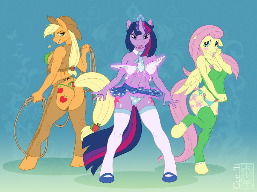 3girls anthro applejack ass assless_chaps blush bra breasts chaps cowboy_hat equine female female_only fluttershy friendship_is_magic hat hooves horn horse lace large_breasts lingerie looking_at_viewer magic miniskirt my_little_pony neck_tie pegasus pony pose school_uniform schoolgirl_uniform shy skimpy stockings tail twilight_sparkle tyelle_niko unicorn whip wings
