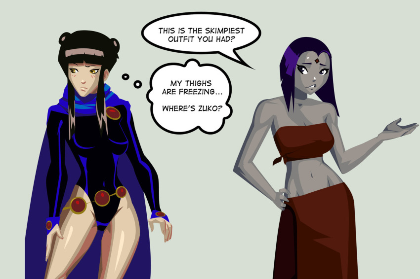 2_girls avatar:_the_last_airbender clothes_swap costume_swap costume_switch crossover dc_comics female_only mai_(avatar) morganagod raven_(dc) teen_titans text
