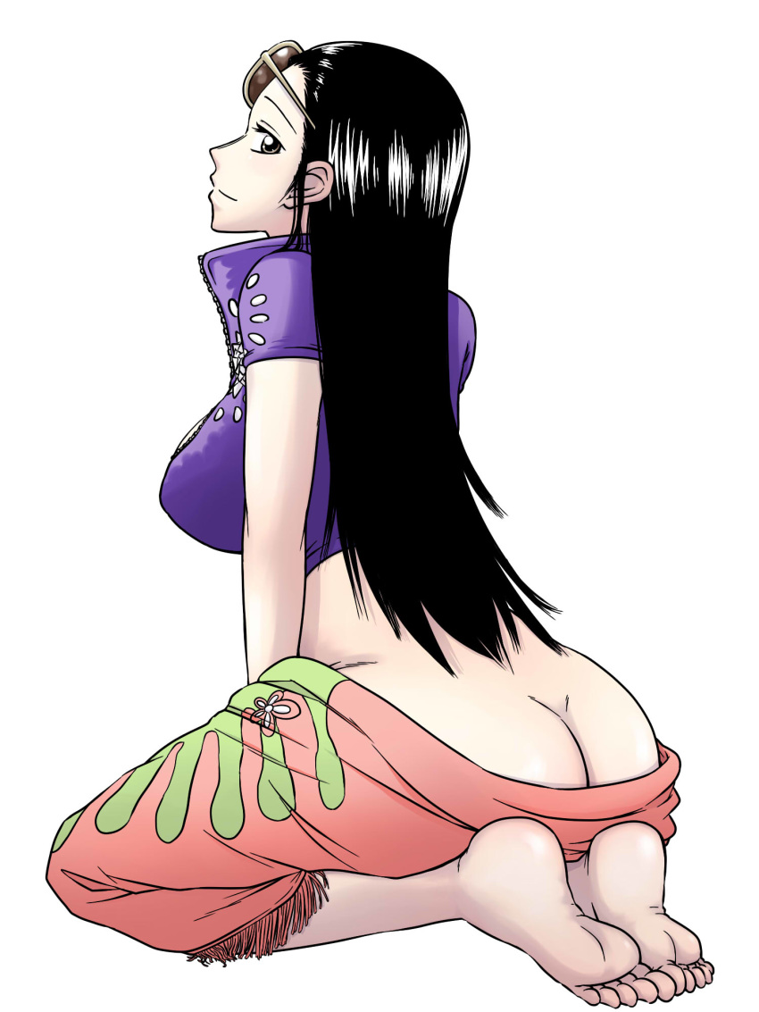 1girl ass back barefoot black_hair blue_shirt breasts brown_eyes butt_crack crop_top dimples_of_venus feet female floral_print flower from_behind full_body glasses glasses_on_head hair_slicked_back hanya_(hanya_yashiki) hanyapunifu high_res highres kneeling large_breasts long_hair looking_at_viewer looking_back lowleg nico_robin no_panties one_piece open_clothes open_shirt pink_skirt profile revealing_clothes sarong shiny shiny_hair shirt short_sleeves simple_background sitting skirt smile soles solo sunglasses sunglasses_on_head toes unzipped white_background zipper