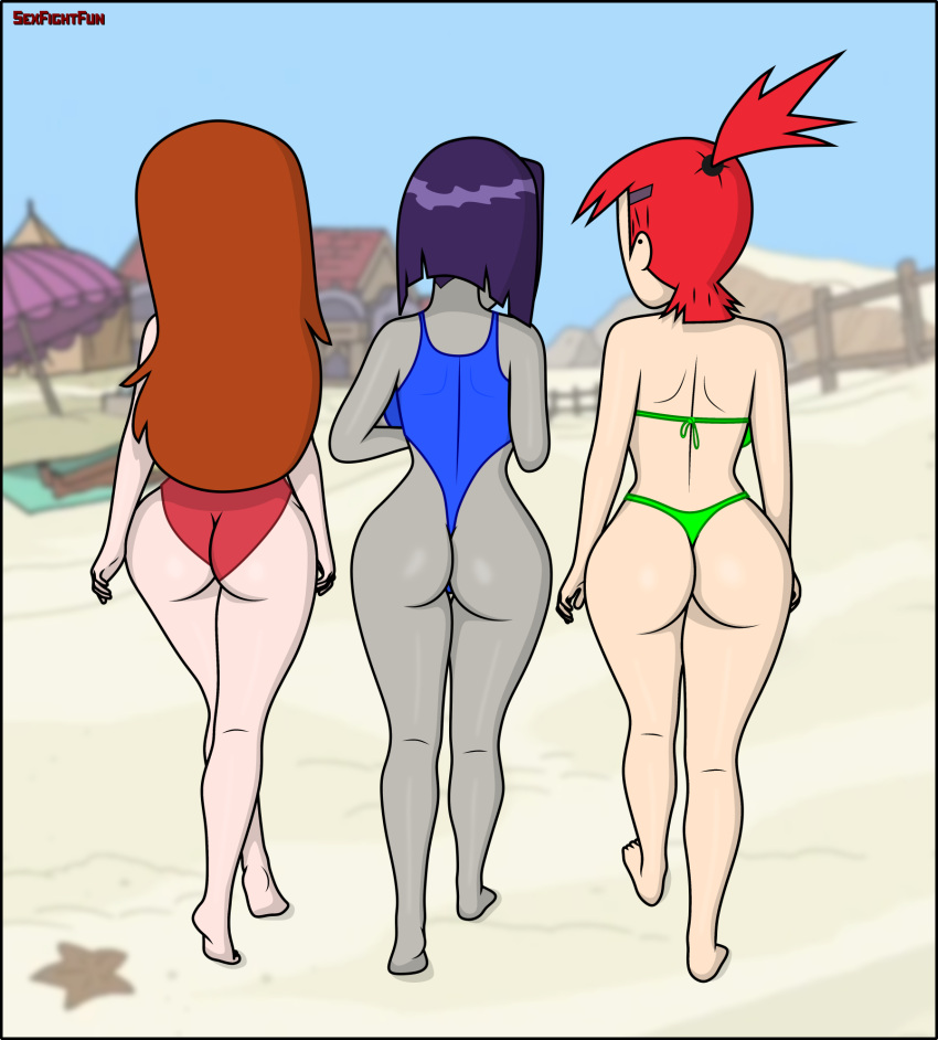 3_girls ass back_view beach bikini blue_swimsuit brown_hair crossover female_only foster's_home_for_imaginary_friends frankie_foster goth goth_girl gravity_falls green_bikini older older_female pink_swimsuit rachel_roth raven_(dc) rear_view red_hair sand sexfightfun swimsuit teen teen_titans violet_hair walking wendy_corduroy young_adult yuri