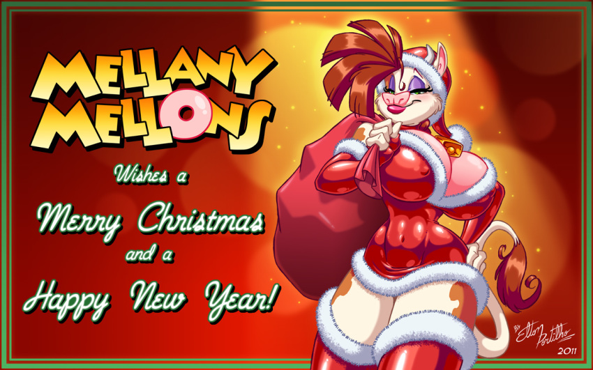 2011 bell big_breasts bovine bow breasts brown brown_hair character_name christmas_outfit cleavage clothed clothing cow elbow_gloves eltonpot english_text female fingerless_gloves gloves green_eyes hair hat headgear horn huge_breasts lips long_hair looking_at_viewer makeup mellany_mellons merry_christmas original santa_hat skimpy smile solo standing stockings tail tail_tuft text thighs tight_clothing voluptuous white wide_hips xmas