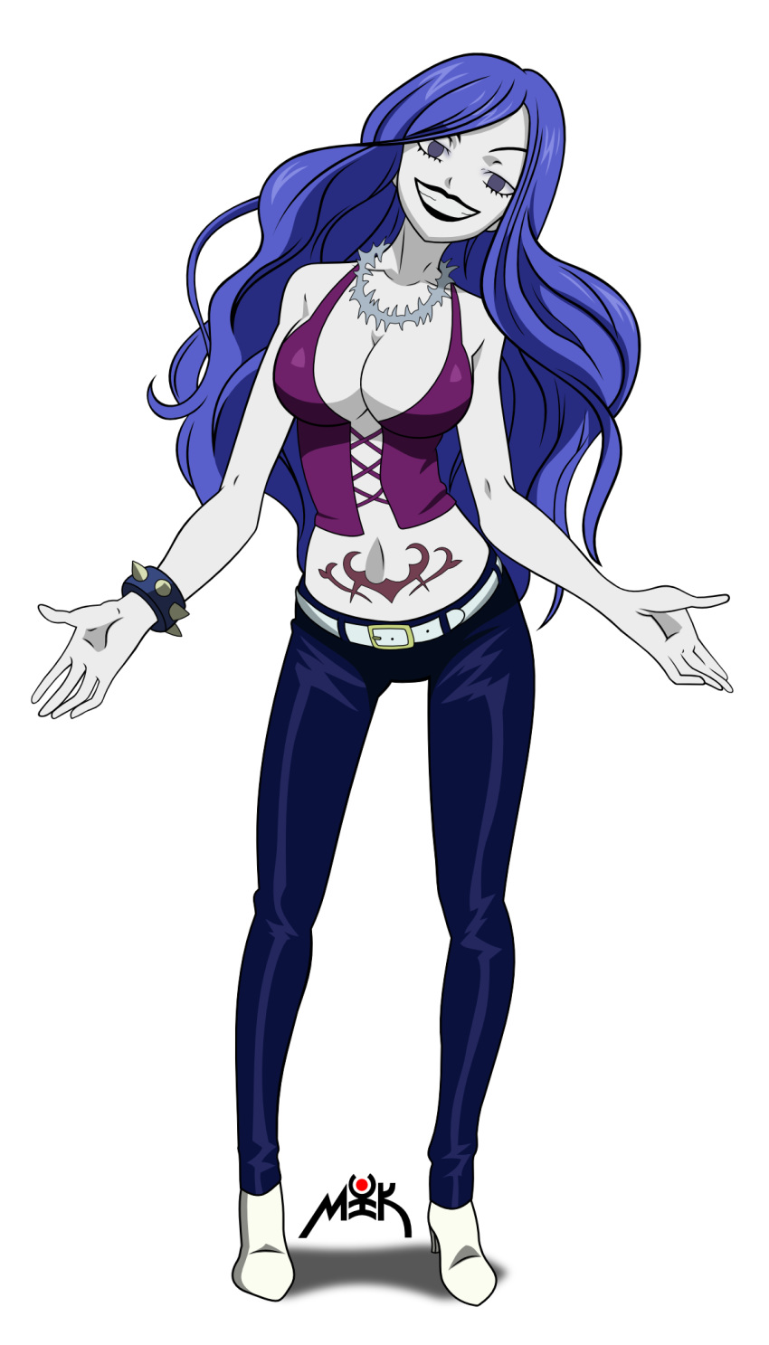 1girl big_breasts black_lipstick blue_hair breasts cleavage clothed clothing fairy_tail female_only full_body grey_skin juvia_loxar lipstick long_hair pale_skin solo_female tattoo vanqerenir womb_tattoo