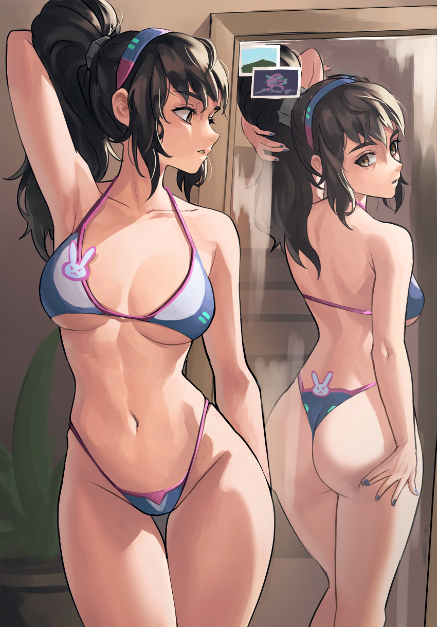 1girl absurd_res alluring animal_print arm_behind_head ass back bare_shoulders bikini blizzard_entertainment blue_nails breasts breasts_apart brown_eyes bunny_print collarbone contrapposto cowboy_shot d.va d.va_(overwatch) hair_between_eyes hairband halter_top halterneck hand_on_own_ass high_res highleg highleg_bikini holding holding_hair indoors long_hair looking_at_mirror medium_breasts mirror multiple_views nail_polish nape navel overwatch parted_lips photo_(object) ponytail reflection sidelocks swimsuit thigh_gap thong thong_bikini under_boob zepaloc
