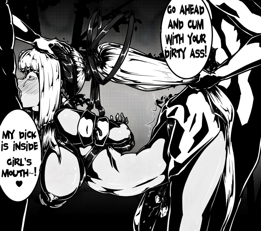 1girl 2boys anal_sex artist_request blush breasts forced group_sex hair_grab majikina_mina monochrome oral_sex ponytail rape ribbon samurai_shodown sex sex_from_behind snk