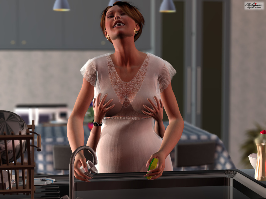 3d big_breasts breast_grab breasts incest kitchen milf mother's_duty mother_and_son painted_nails polished_nails teeth