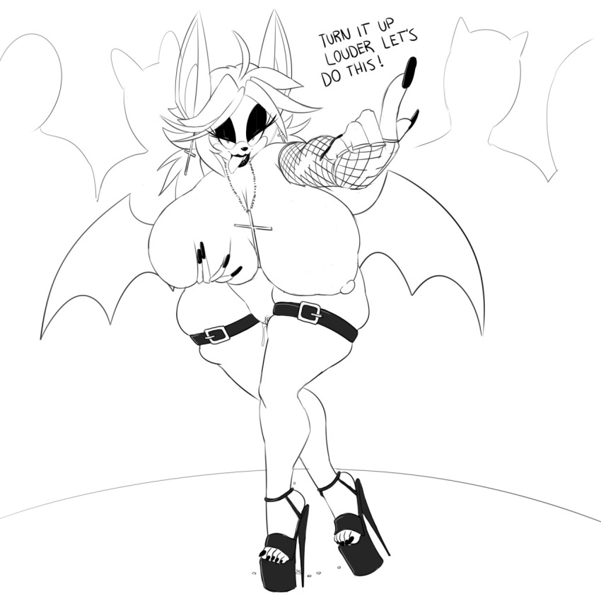 1girl 2016 anthro areola bat big_breasts breasts english_text erect_nipples furry huge_breasts mammal monochrome mostly_nude nipples pussy ravnic rouge_the_bat sega text