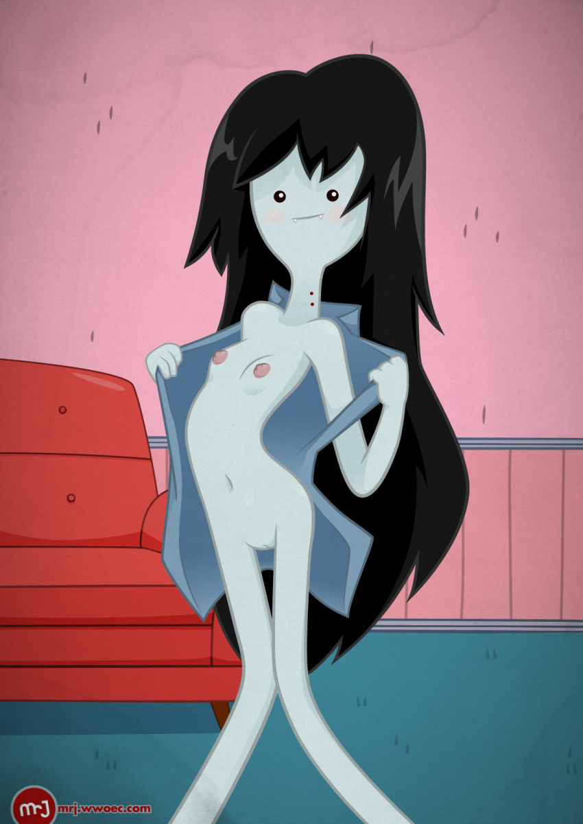 adventure_time blush breasts hairless_pussy long_hair marceline mr._j mr._j_(artist) nipples open_shirt pale_skin pubic_hair pussy small_breasts smile solo undressing vampire