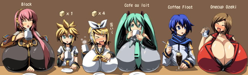 2boys 4girls alcohol aqua_eyes aqua_hair bare_shoulders big_breasts blonde_hair blue_hair blush breast_rest breasts brown_hair cleavage closed_eyes coffee cup drunk gigantic_breasts hatsune_miku headphones highres kagamine_len kagamine_rin kaito kloah large_breasts lineup long_hair megurine_luka meiko miku_hatsune multiple_boys multiple_girls necktie open_mouth pink_hair plate ribbon sake short_hair simple_background tongue twin_tails twintails vocaloid