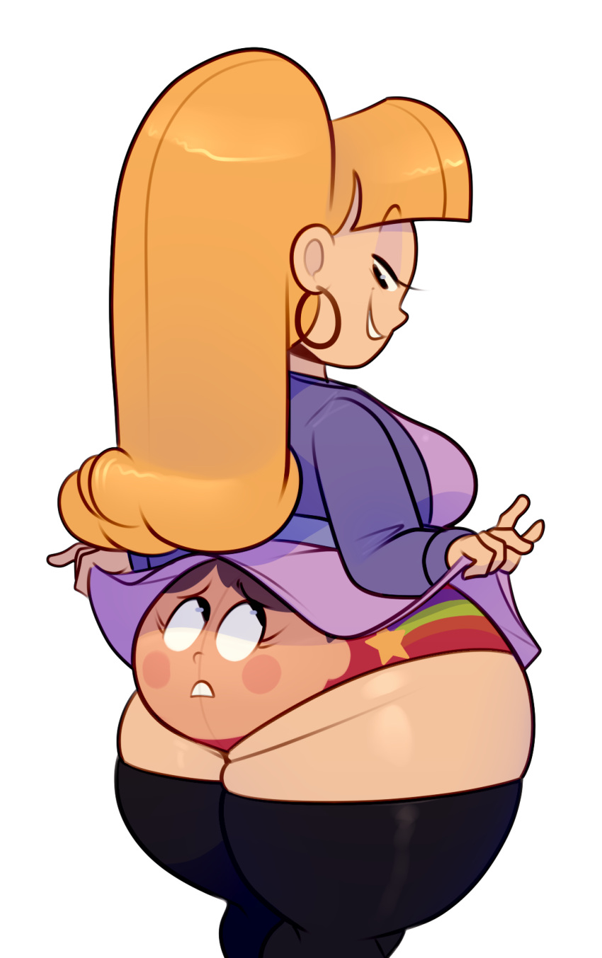 1girl 2019 2_girls 2females aged_up ass ass_focus bedroom_eyes big_ass blonde_hair brown_hair bubble_ass bubble_butt butt_focus clothing_lift clothing_transformation commission digital_media_(artwork) earrings eyeshadow female_focus female_only gravity_falls high_res high_resolution human_only inanimate_transformation looking_at_another looking_down looking_up mabel_pines not_furry pacifica_northwest panties round_ass secretgoombaman12345 seductive seductive_look seductive_smile sexy sexy_ass sexy_body sexy_pose simple_background thick_thighs transformation transparent_background yuri
