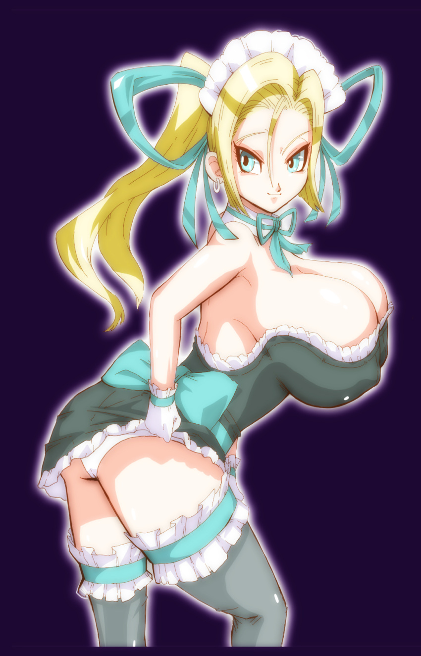 1girl android android_18 basara big_breasts blonde_hair blue_eyes bow bowtie breasts curvy dragon_ball dragon_ball_z earring earrings female hair highres huge_breasts jewelry large_breasts maid maid_headdress panties pantyshot plump smile solo stockings thighhighs underwear