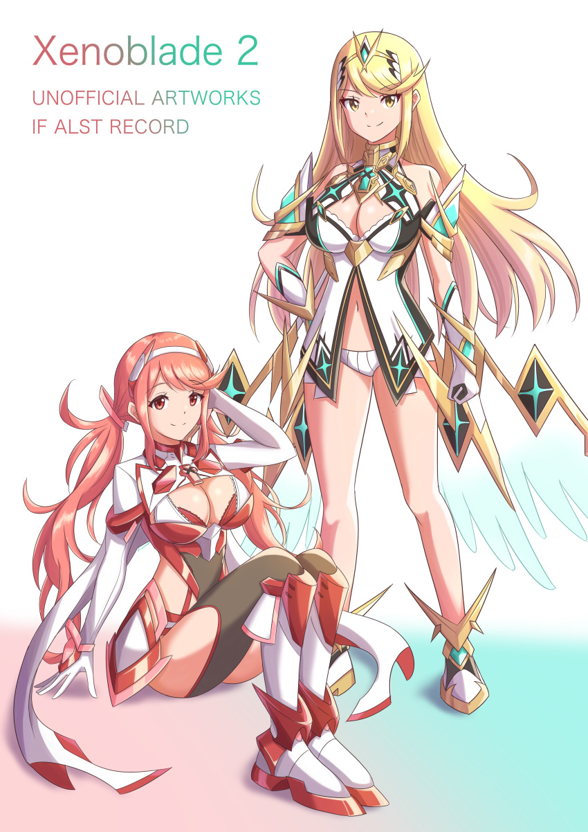 2_girls absurd_res alluring bare_legs big_breasts blonde_hair breasts chest_jewel cleavage_cutout clothing_cutout dress earrings headpiece high_res jewelry long_hair multiple_girls mythra_(prototype) mythra_(xenoblade) nintendo prototype_design pyra_(prototype) ryochan96154 short_dress swept_bangs tiara very_long_hair waist_cutout xenoblade_(series) xenoblade_chronicles_2 yellow_eyes