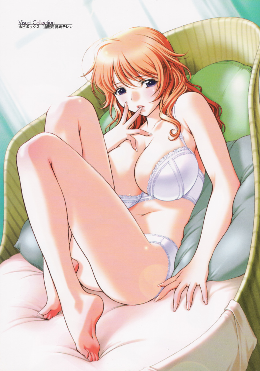 absurdres ahoge arm_support barefoot blue_eyes blush body_blush bra breasts chair cleavage dutch_angle feet female finger_to_mouth fingernails futago_no_bosei_honnou futago_no_haha_seihonnou highres huge_breasts indoors kusunoki_tomoe lace lace-trimmed_bra lace-trimmed_panties legs_up lens_flare lingerie lipstick long_fingernails long_hair long_toenails looking_at_viewer lying makeup milf navel official_art on_back orange_hair panties parted_lips payot pillow profile reclining sano_toshihide scan sitting soles solo striped tiptoes toenails underwear underwear_only wavy_hair white_bra white_panties window