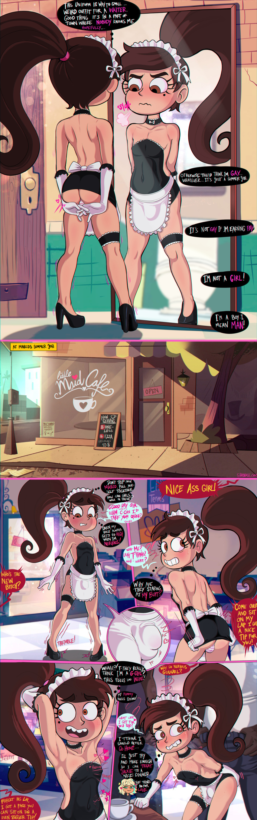 ass big_ass brown_eyes brown_hair bubble_butt bulge comic crossdressing disney femboy funny girly heart looking_back looking_down maid maid_uniform male marco_diaz mirror mole mole_under_eye nipples panties penis shadman smile solo speech_bubble star_vs_the_forces_of_evil striped_panties testicles text trap
