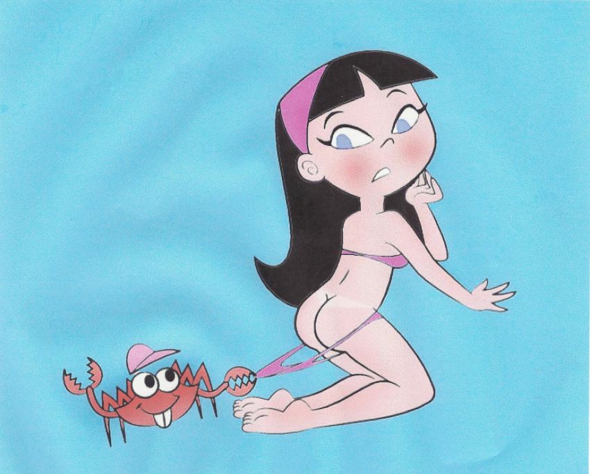 ass bikini black_hair blush coppertone crab embarrassing funny hairband hat long_hair looking_back looking_down smile surprise tan_line the_fairly_oddparents timmy_turner trixie_tang