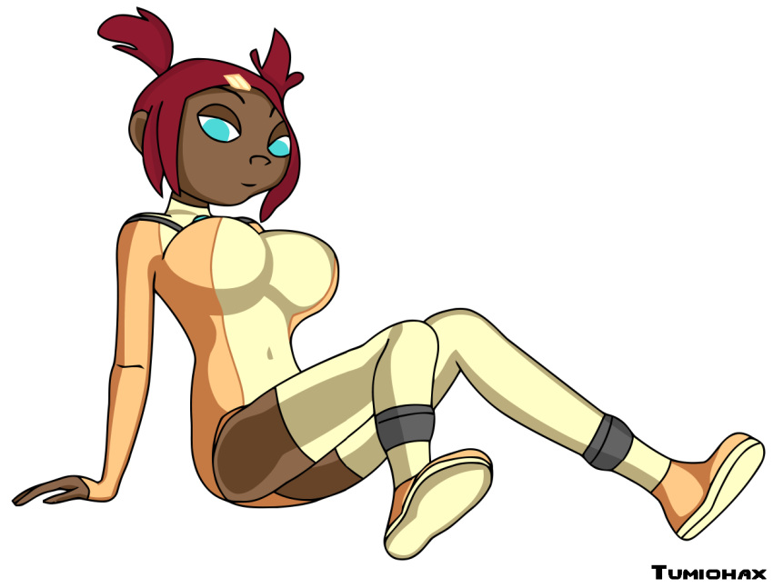 big_breasts blue_eyes breasts brown_skin female red_hair sari_sumdac solo transformers transformers_animated tumiohax