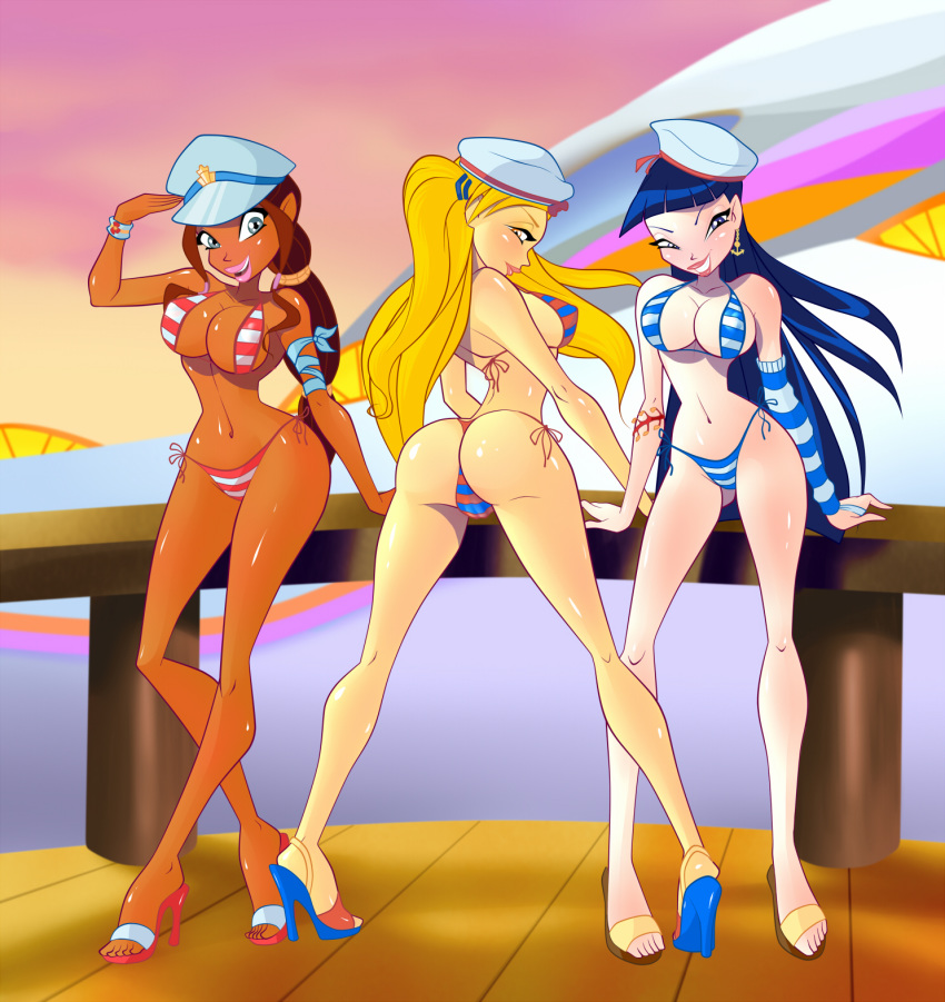 3_girls ass bikini female_only layla looking_back musa outside pier stella string_bikini winx_club zfive