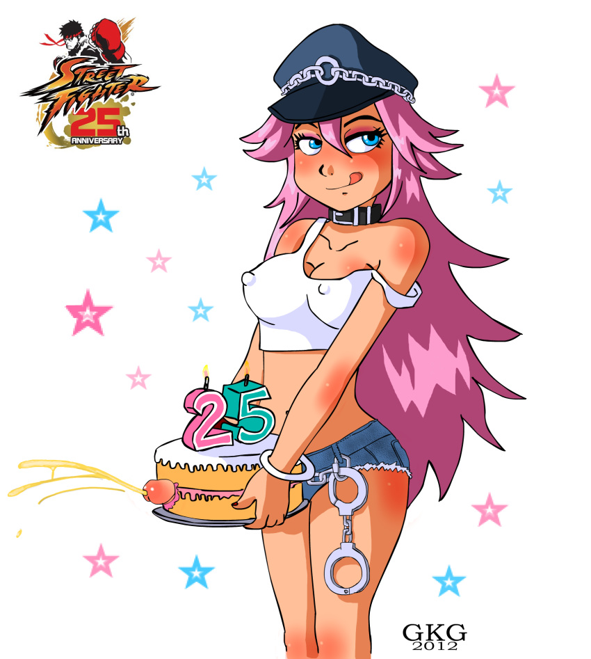 2012 anniversary blue_eyes cake_(food) candle capcom collar cum dated ejaculation final_fight food food_play futanari gkg hat highres naughty_face pink_hair poison_(final_fight) street_fighter street_fighter_iii street_fighter_x_tekken