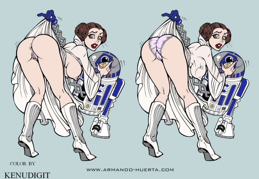 1girl a_new_hope armando_huerta ass assisted_exposure bent_over boots breasts clothed dat_ass dress dress_lift droid exposed_breasts female female_human kenudigit looking_at_viewer looking_back princess_leia_organa r2-d2 star_wars white_boots white_dress white_panties