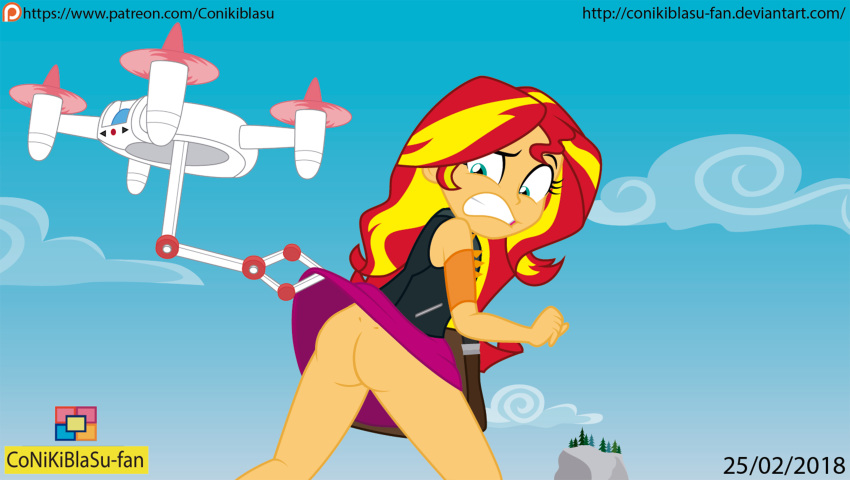 1girl ass assisted_exposure clothed embarrassed equestria_girls female female_only friendship_is_magic long_hair my_little_pony no_panties outdoor outside skirt skirt_lift standing sunset_shimmer sunset_shimmer_(eg) two-tone_hair uav