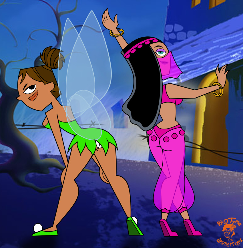 ass belly_dancer bent_over bigtyme black_eyes black_hair blue_eyes bracelet breasts brown_hair brown_skin cartoon_network cosplay courtney_(tdi) crossover danny_phantom dark-skinned_female dark_skin disney eyebrows fairy freckles halloween hourglass_figure jewelry latina lipstick long_hair looking_back navel panty_shot pantyshot paulina peter_pan ponytail see_through short_hair smile thick_ass thick_legs thick_thighs tinker_bell tinker_bell_(cosplay) total_drama_island wings