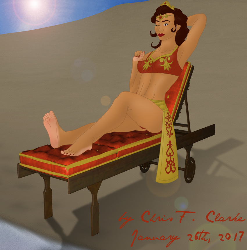 2017 adapted_costume arm_behind_head armpits arms arms_up bare_arms bare_legs barefoot beach belly_button bikini braid chrisfclarke circlet clavicle countershade_feet countershade_hands dark-skinned_female dark_brown_eyes dark_brown_hair day disney erect_nipples_under_bikini female female_abs female_focus female_only frozen_(movie) full_body knee_up legs lens_flare light_palms light_soles lounge_chair medium_breasts midriff nail_polish navel nipples_visible_through_clothing painted_nails palm/sole_countershade pokies queen_marisol relaxing self_upload shadow sitting_on_chair sky smile soles solo solo_female summer sun sunlounger tan tan_skin tiara toes underbutt wink
