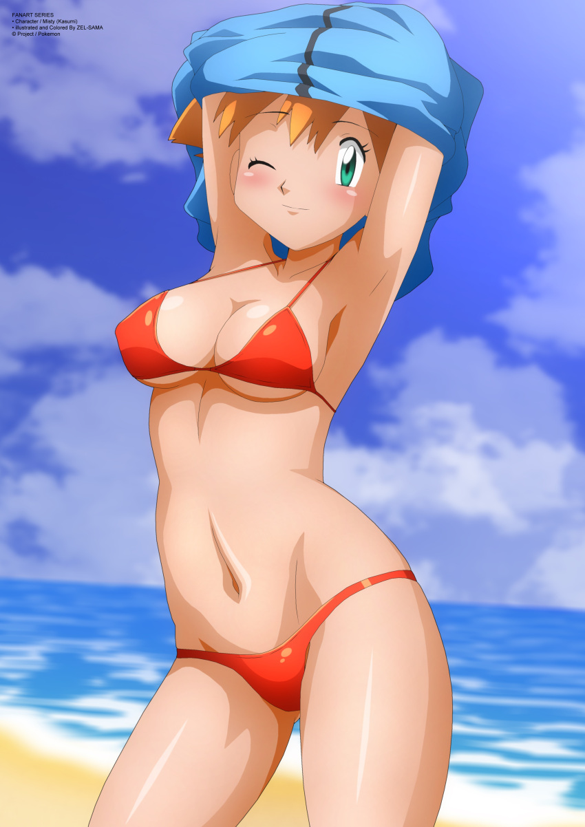 1girl alluring alternate_outfit armpits arms_up ass beach belly bikini blue_background blush breasts cleavage clothed clouds day eye_contact eyelashes female_only green_eyes human human_only looking_at_viewer midriff misty misty_(pokemon) nintendo ocean one_eye_closed outside pokemon pokemon_rgby pose red_bikini red_hair sand shirt shirt_lift short_hair sideboob sky smile standing text thigh_gap under_boob undressing water watermark wink zel-sama