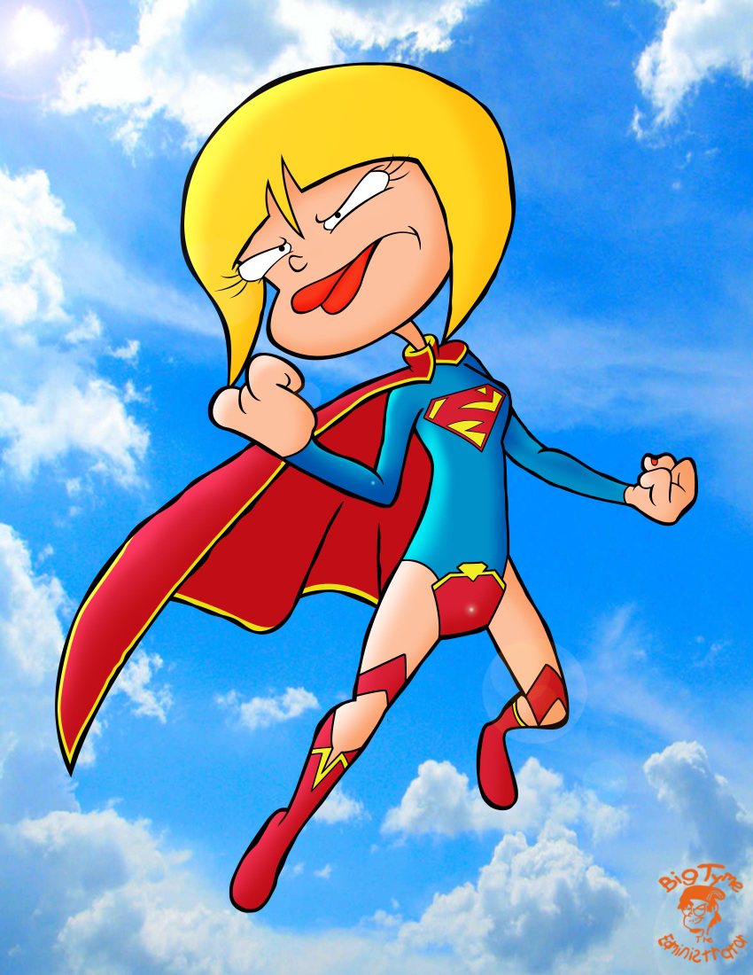 angry bigtyme blonde_hair boots cape cosplay dc ed,_edd,_'n'_eddy flying halloween leotard lipstick long_hair nazz red_lipstick sky solo solo_female supergirl supergirl_(cosplay)